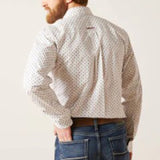 Back view of white long sleeve button down shirt with blue and red details and an Ariat logo across the back.