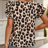Leopard Print Layered Ruffled Short Sleeve Blouse Back View
