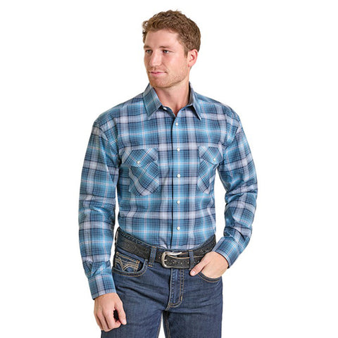 Blue Plaid, Pearl Snap, Two snap Pockets, Long Sleeve Shirt 
