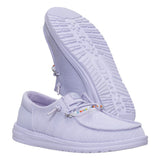 Hey Dude Purple Wendy Funk slip-on shoe with breathable mesh upper and removable beaded shoelry on elastic laces showing sole of shoe