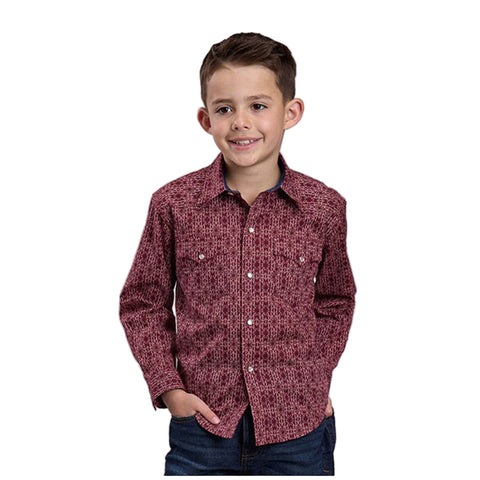 Boy's Red Long Sleeve Vertical Aztec Print Shirt