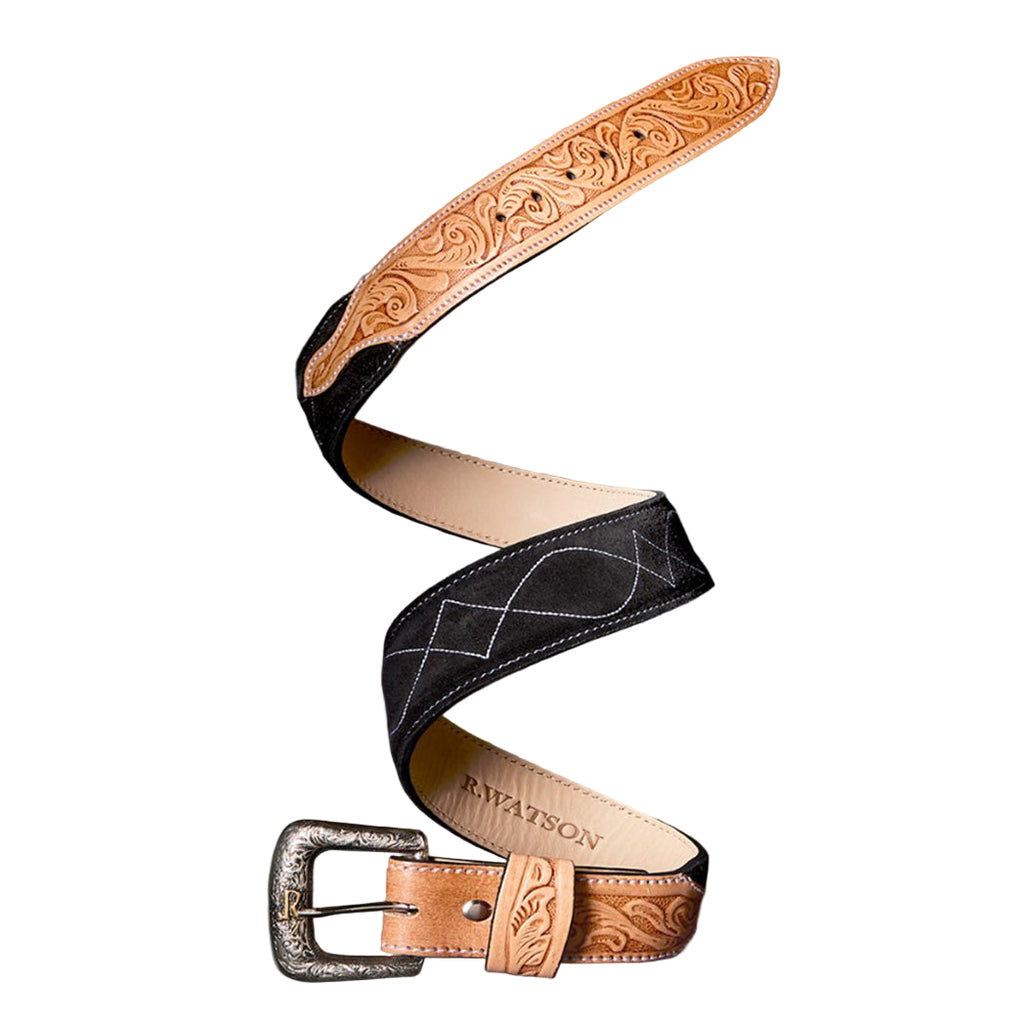 Men's Black Roughout Belt With White Stitching/Hand Tooled Leather Ends