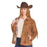 Women’s Camel Micro Suede Fringe Coat Opened View
