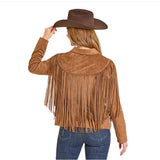 Women’s Camel Micro Suede Fringe Coat Back View