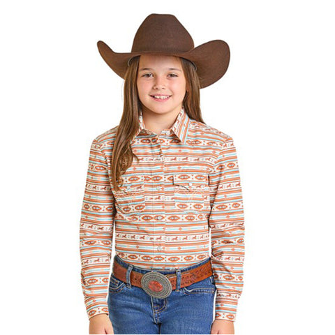 Multi Aztec Horse Stripe Long Sleeve Shirt front view with bold Southwestern stripes and horse graphics