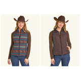 Chocolate vest features a horse pattern and a solid design