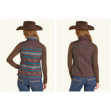 Chocolate vest features a horse pattern and a solid design back view