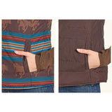 Chocolate vest features a horse pattern and a solid design showing side pockets
