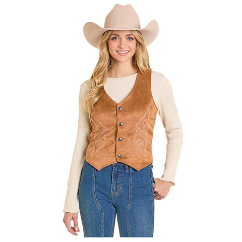 Women's Rock & Roll Embroidered Microsuede Vest In Camel Color