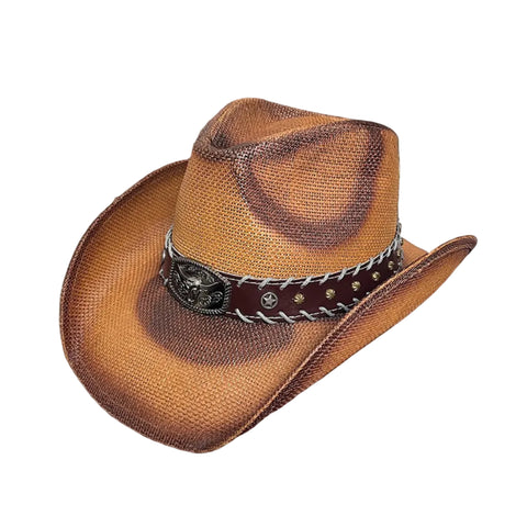 Light and dark brown straw hat with thick leather hat band that has white stitching and a steer head on the front. 