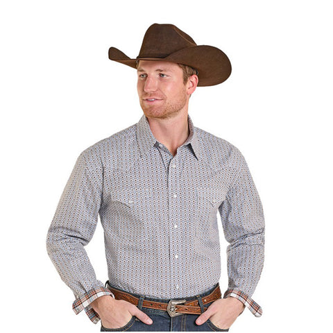 Tan Long Sleeve collared pearl snap shirt with blue geometric print.