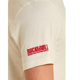 Model wearing the shirt shown from a shoulder‑view angle showing the Rock & Roll Denim logo