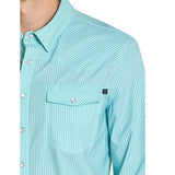 Close‑up of model wearing the turquoise micro‑striped snap shirt, focusing on the micro‑stripe texture, snaps, and collar detail.
