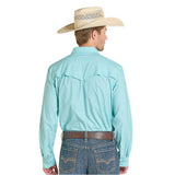 Model shown from the back wearing the turquoise micro‑striped snap long sleeve shirt, displaying the vented yoke and smooth fabric drape.