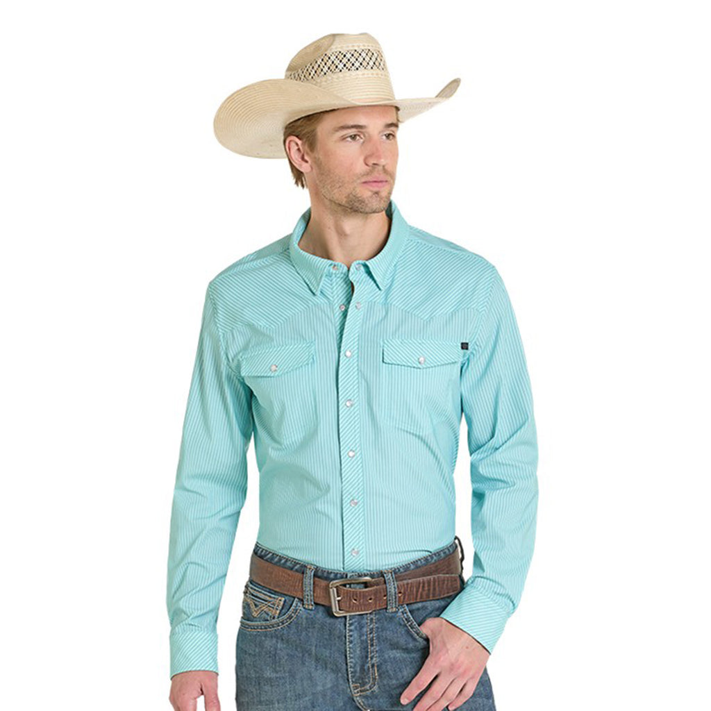 Model wearing the men’s turquoise micro‑striped snap long sleeve shirt facing forward, showing the classic Western snap front and crisp striped detail.