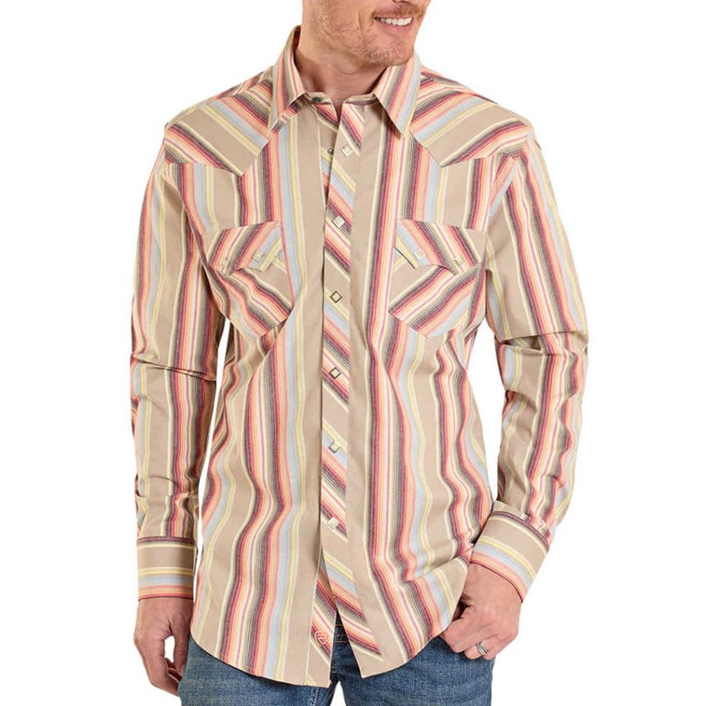 Model wearing the Rock & Roll men’s retro striped long sleeve snap shirt facing forward, showing the bold vintage stripes, classic Western snap front, and relaxed fit
