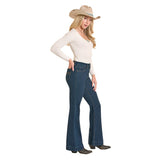 Side view of model in Rock & Roll Denim Boot Stitch High Rise Trouser Jeans highlighting the high‑rise waist and trouser leg.