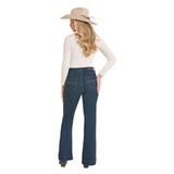 Back view of model wearing Rock & Roll Denim Boot Stitch High Rise Trouser Jeans with visible boot‑stitch pocket detail.