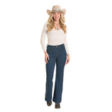 Model wearing Rock & Roll Denim Women’s Boot Stitch High Rise Trouser Jeans, showing the front fit.