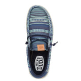 op‑down view of the Hey Dude Wally Surf Shawl Blazer Multi Navy Shoes displaying the multi‑color woven pattern and soft, cushioned insole
