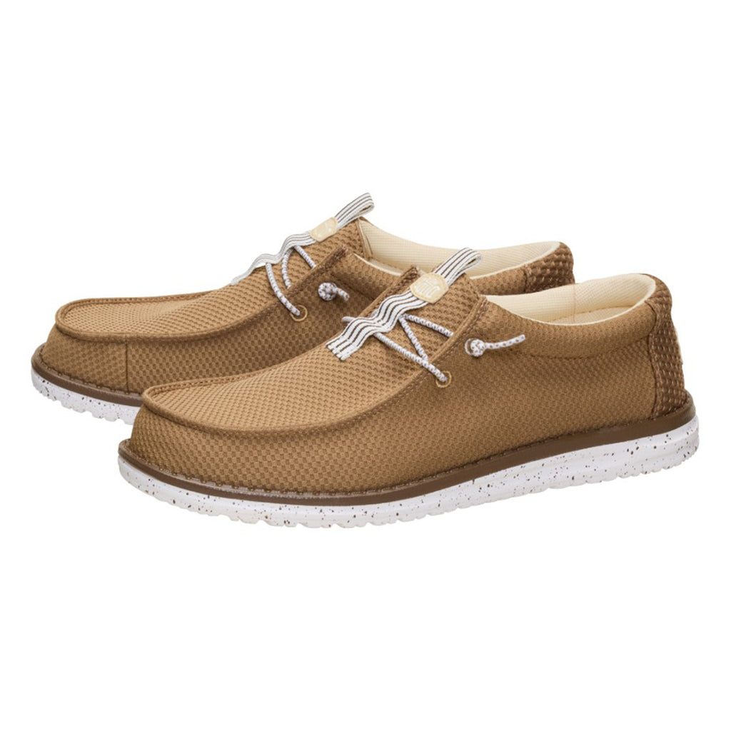 Hey Dude Men’s Wally Mesh Neutrals Shoes shown from a front angle, highlighting the breathable mesh upper, neutral color palette, and elastic no‑tie laces.
