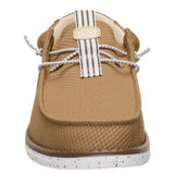 Close‑up of the Hey Dude Men’s Wally Mesh Neutrals Shoes focusing on the breathable mesh texture, stitching details, and easy‑on elastic laces.