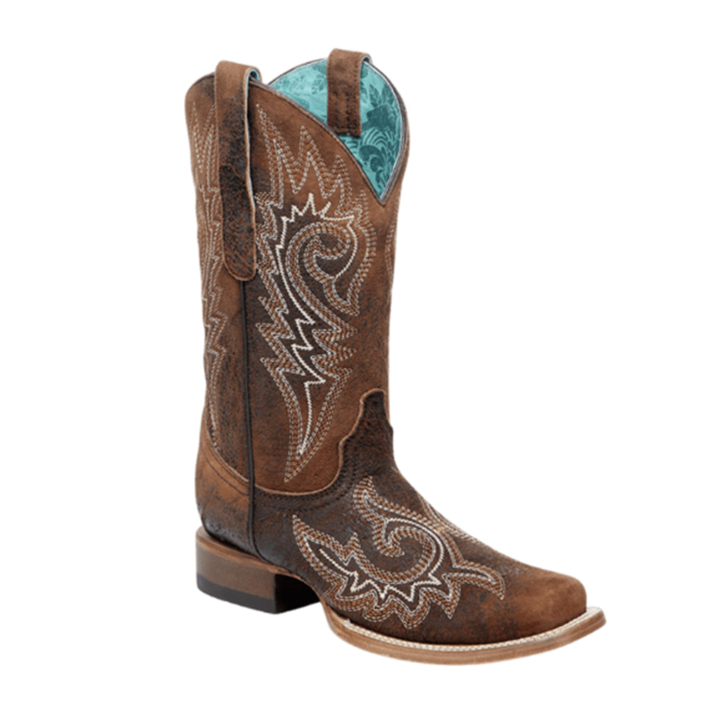 Front and side view of brown flame embroidered boot.
