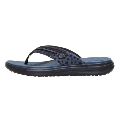 Side view of Hey Dude Black and Gray Americana Flip Flop showing the patriotic strap design and lightweight sole.