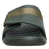 Toe view of the Hey Dude Dark Green Wave ALT Slide showing the contoured footbed and textured strap detail.