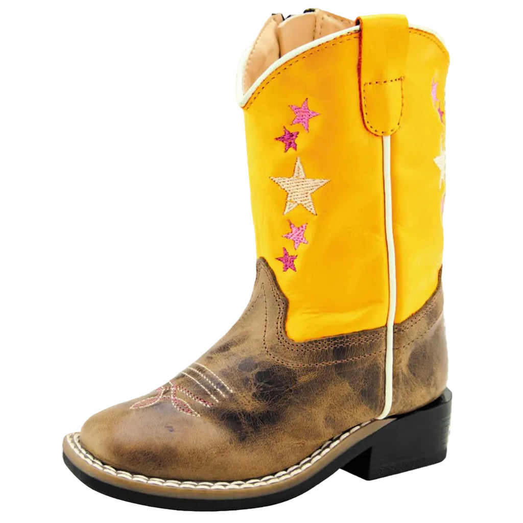 Angled view of toddler and children’s cowboy boots on a white background displaying the brown leather base and star‑accented yellow top.