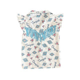 Back of White and Blue Retro Cowgirl Short Sleeve Snap Shirt showing Fringe