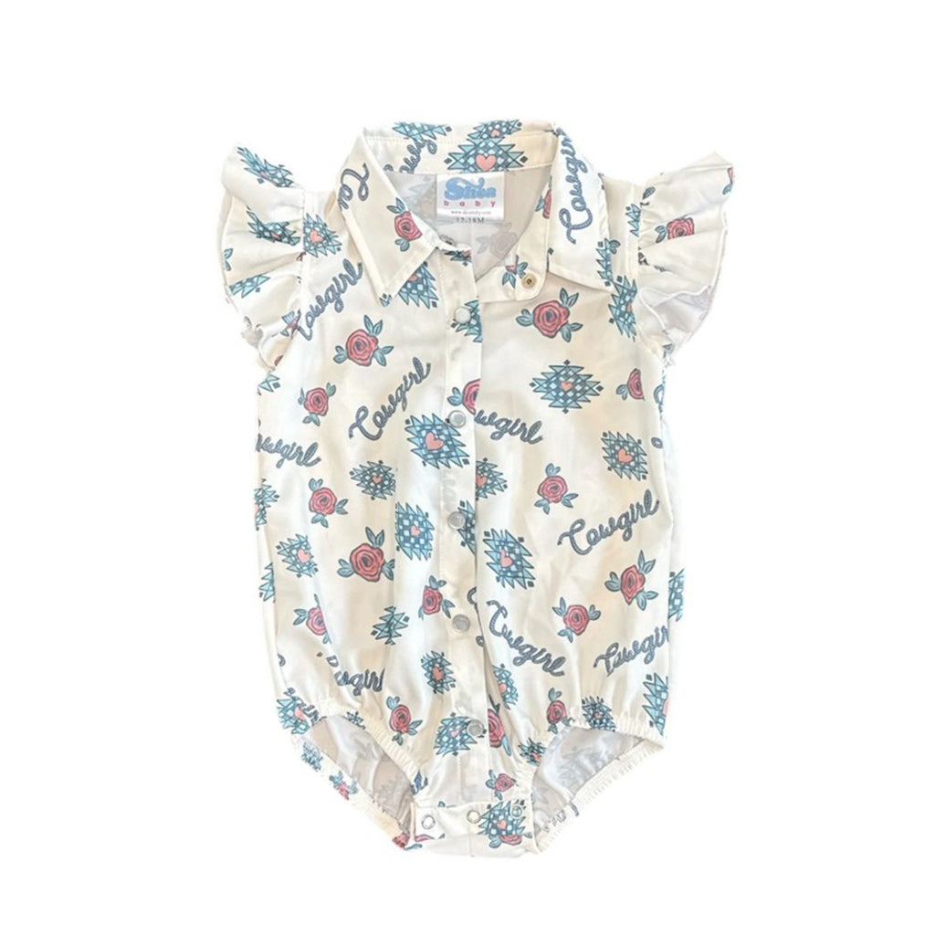 Front View of White and Blue Retro Cowgirl Onesie