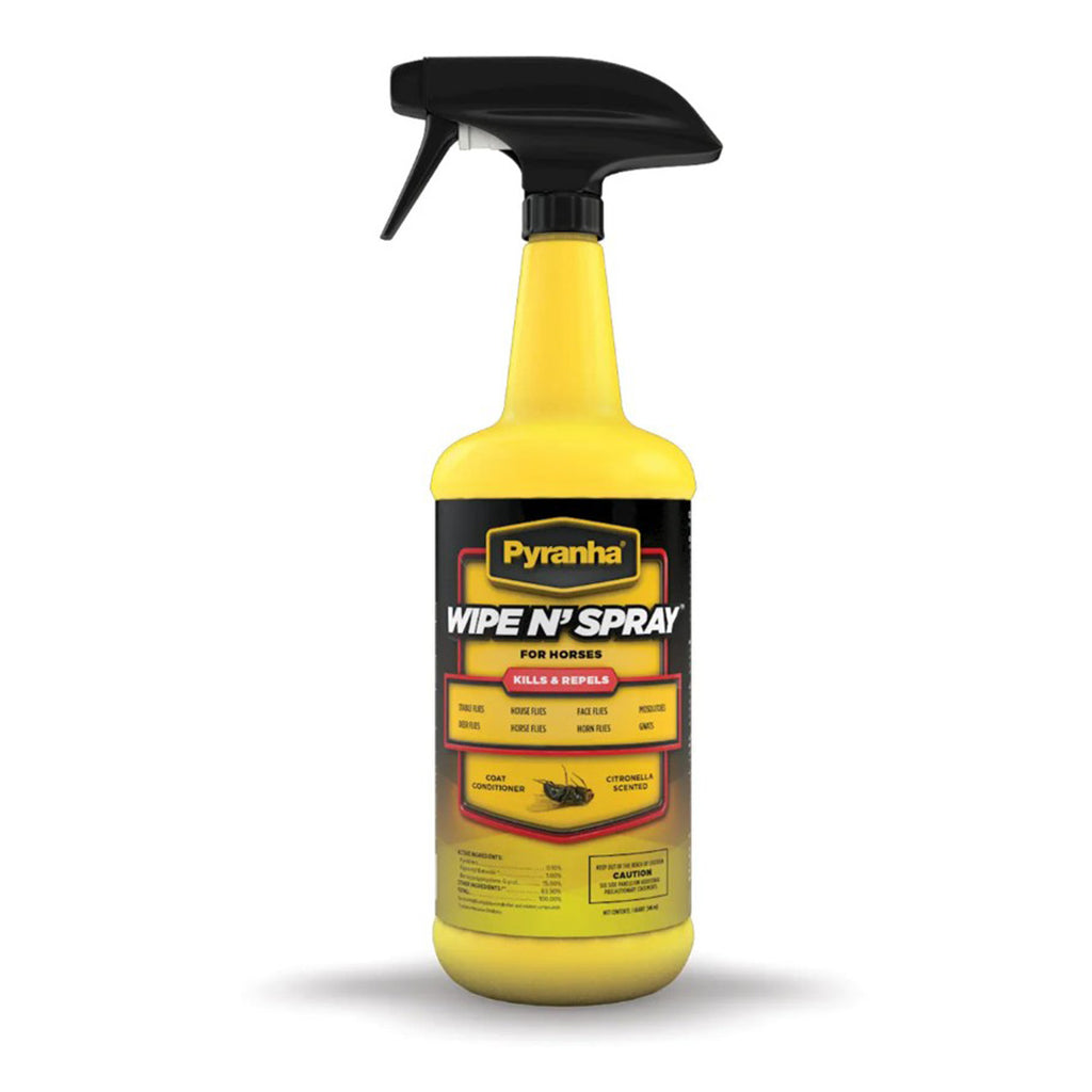 Pyranha Wipe N’ Spray Fly Spray on a white background showing the yellow label and ready‑to‑use pyrethrum formula