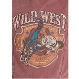 Close‑up shot of the burgundy Wild West crew neck sweatshirt on a model, focusing on the Western graphic design.