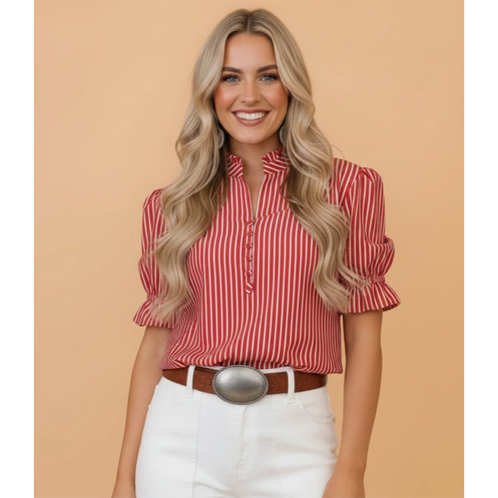 Red Striped Ruffle Blouse