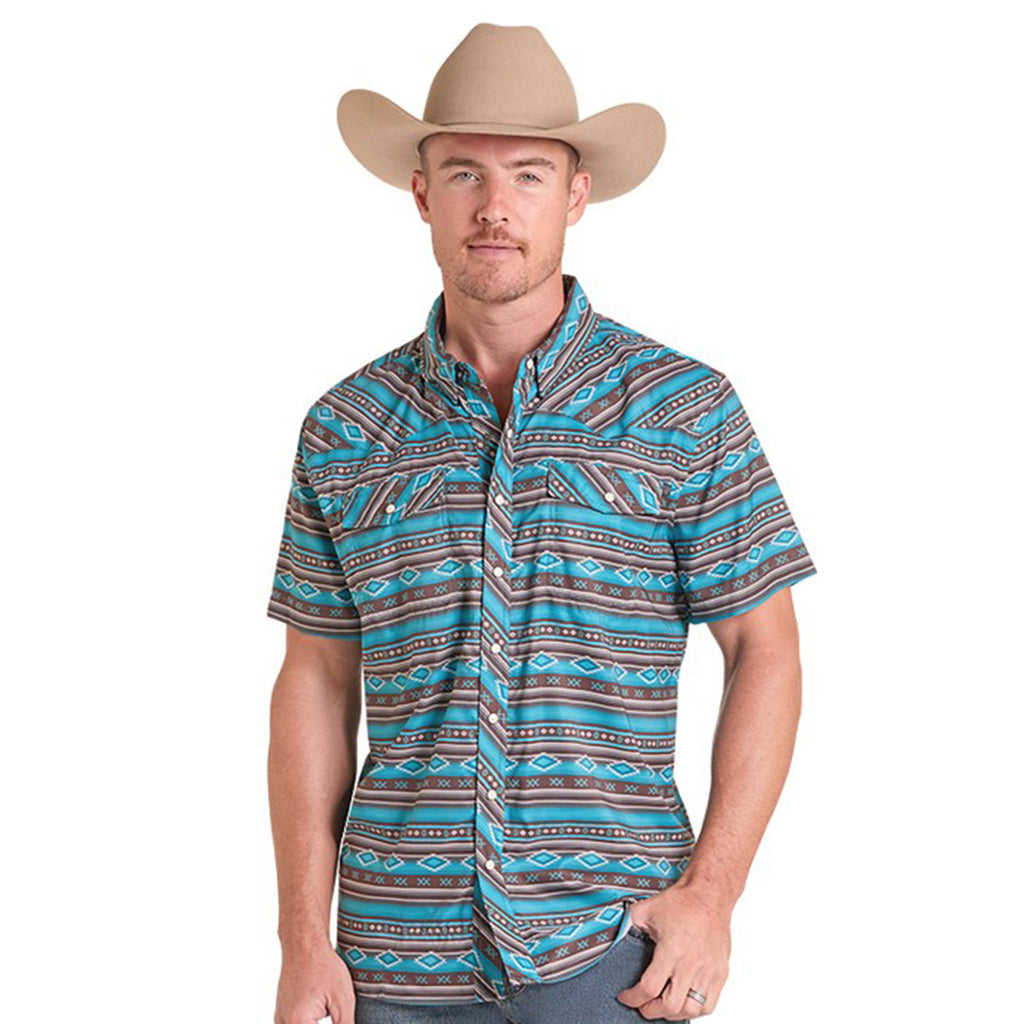 Panhandle Men's TEK Western Brown & Turquoise Stripe Short Sleeve Shirt