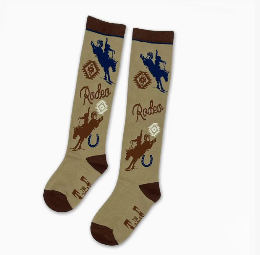 Tan & Blue Boot Socks Rodeo Print