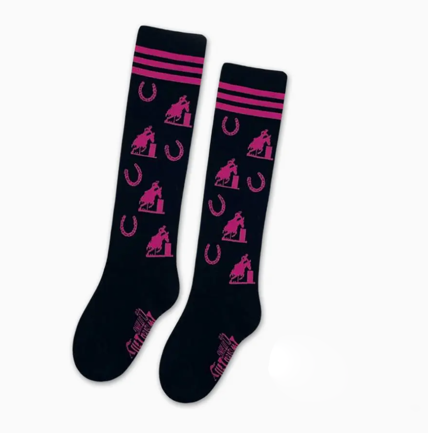 Neon Pink & Black Boot Socks with Barrel Racers