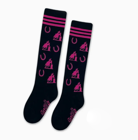 Neon Pink & Black Boot Socks with Barrel Racers