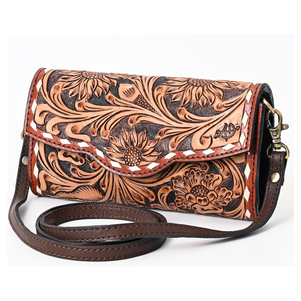American Darling Sunflower Tooled Leather Barrel Crossbody