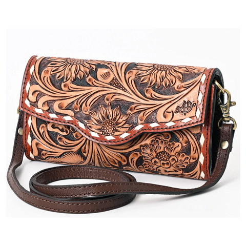 American Darling Sunflower Tooled Leather Barrel Crossbody