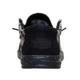 Back side view of Hey Dude Men's Wally Black & Tan Geo Jacquard Shoes 