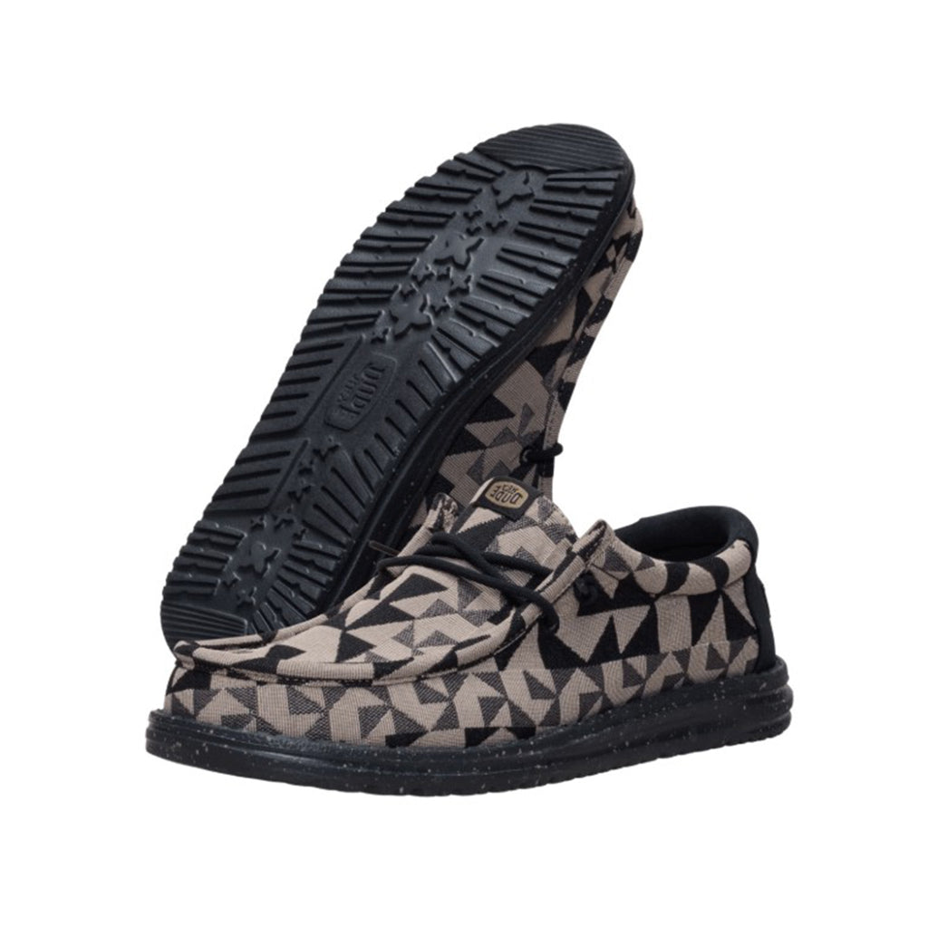 Side and bottom view of Hey Dude Men's Wally Black & Tan Geo Jacquard Shoes 