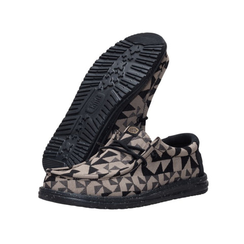 Side and bottom view of Hey Dude Men's Wally Black & Tan Geo Jacquard Shoes 