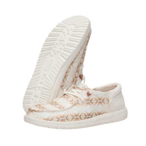 Side and bottom view of Hey Dude Wendy Funk Parchment Waffle Teton Shoes 