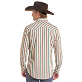 A man wearing a brown cowboy hat and a long-sleeve western shirt with vertical stripes in beige, brown, and teal, shown from the back against a white background.