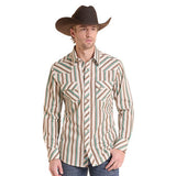 A man wearing a brown cowboy hat and a long-sleeve western button-up shirt with vertical stripes in beige, brown, and green against a plain white background.