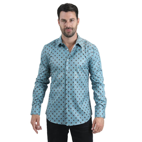 Platini Men's Modern Fit Stretch Foil Fashion Blue Shirt