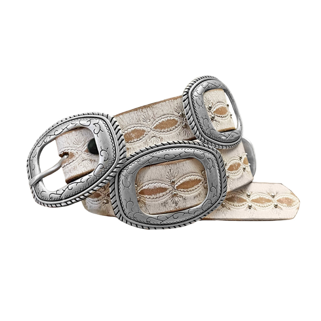 Coiled up picture of distressed white belt with silver buckles around the belt. 
