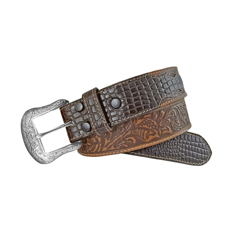 Coiled up view of brown leather belt with floral and alligator skin detailing. 